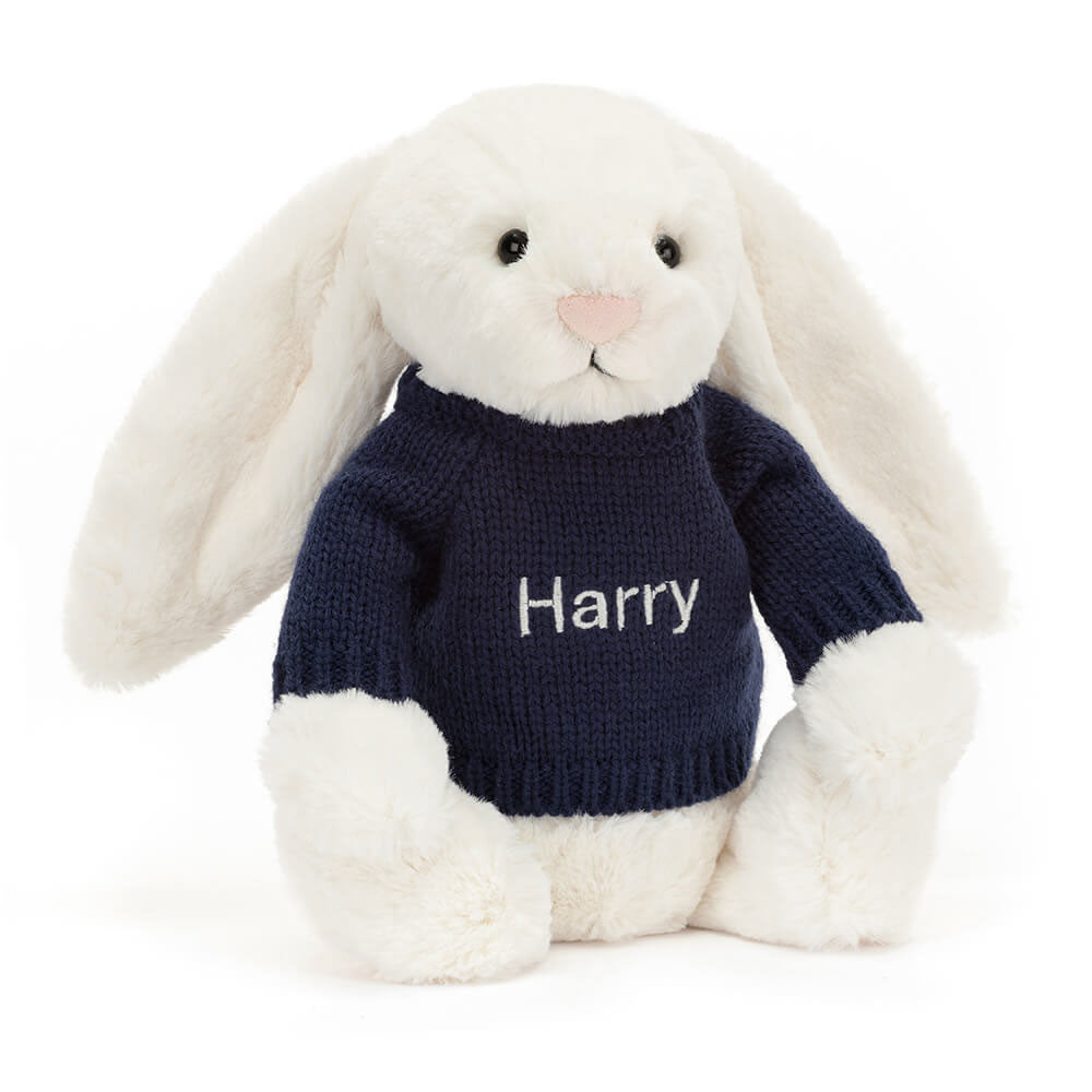 Bashful Cream Bunny with Personalized Navy Jumper