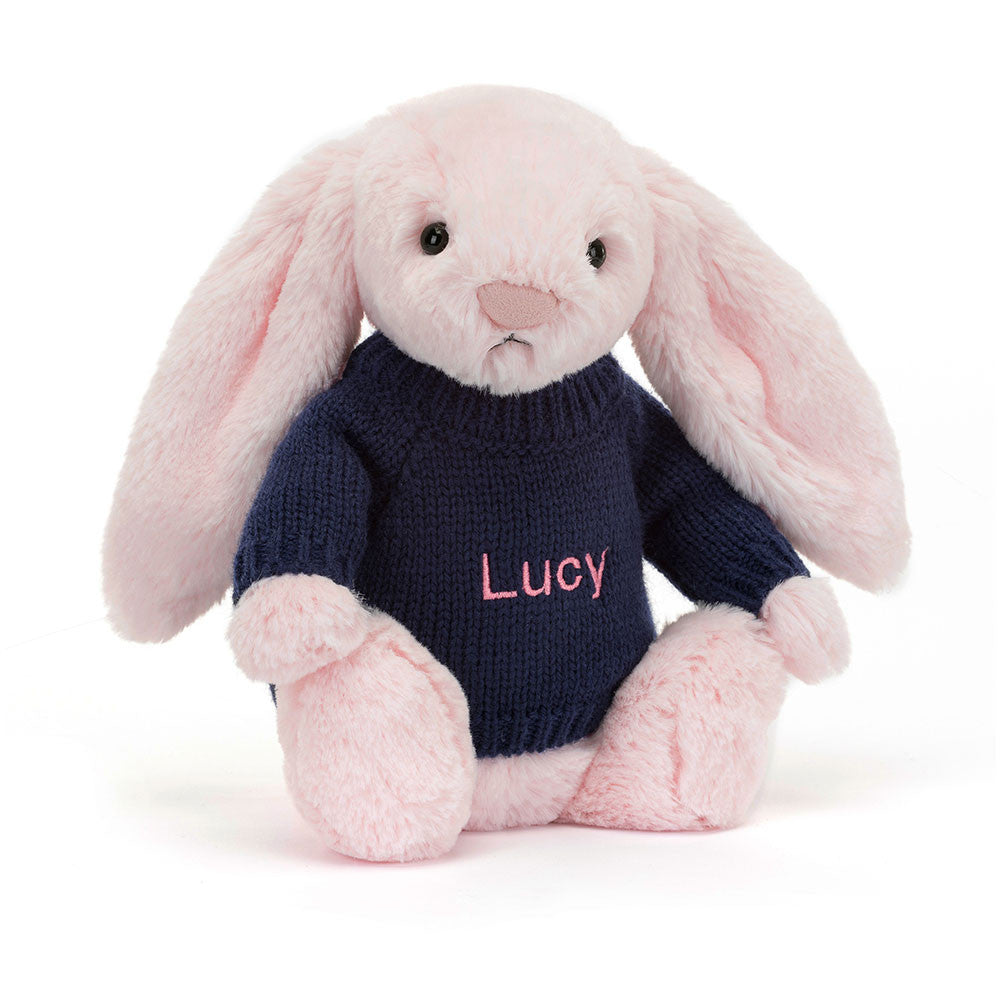 Bashful Pink Bunny with Personalized Navy Jumper