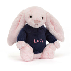 Bashful Pink Bunny with Personalized Navy Jumper