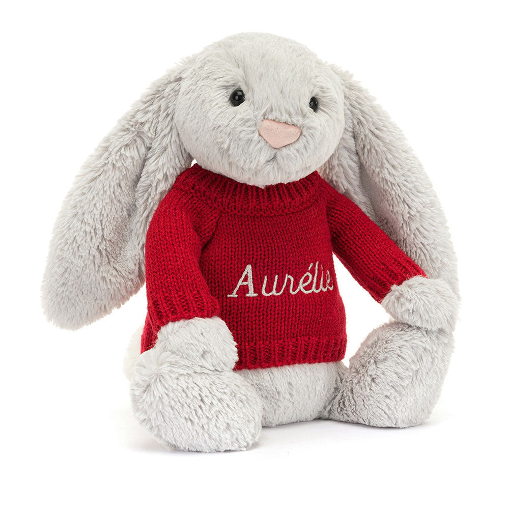 Bashful Silver Bunny with Personalized Red Jumper
