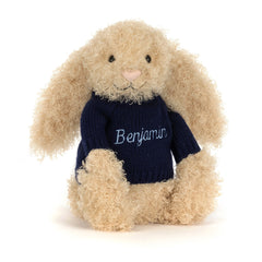 Bashful Luxe Bunny Curly with Personalized Navy Jumper
