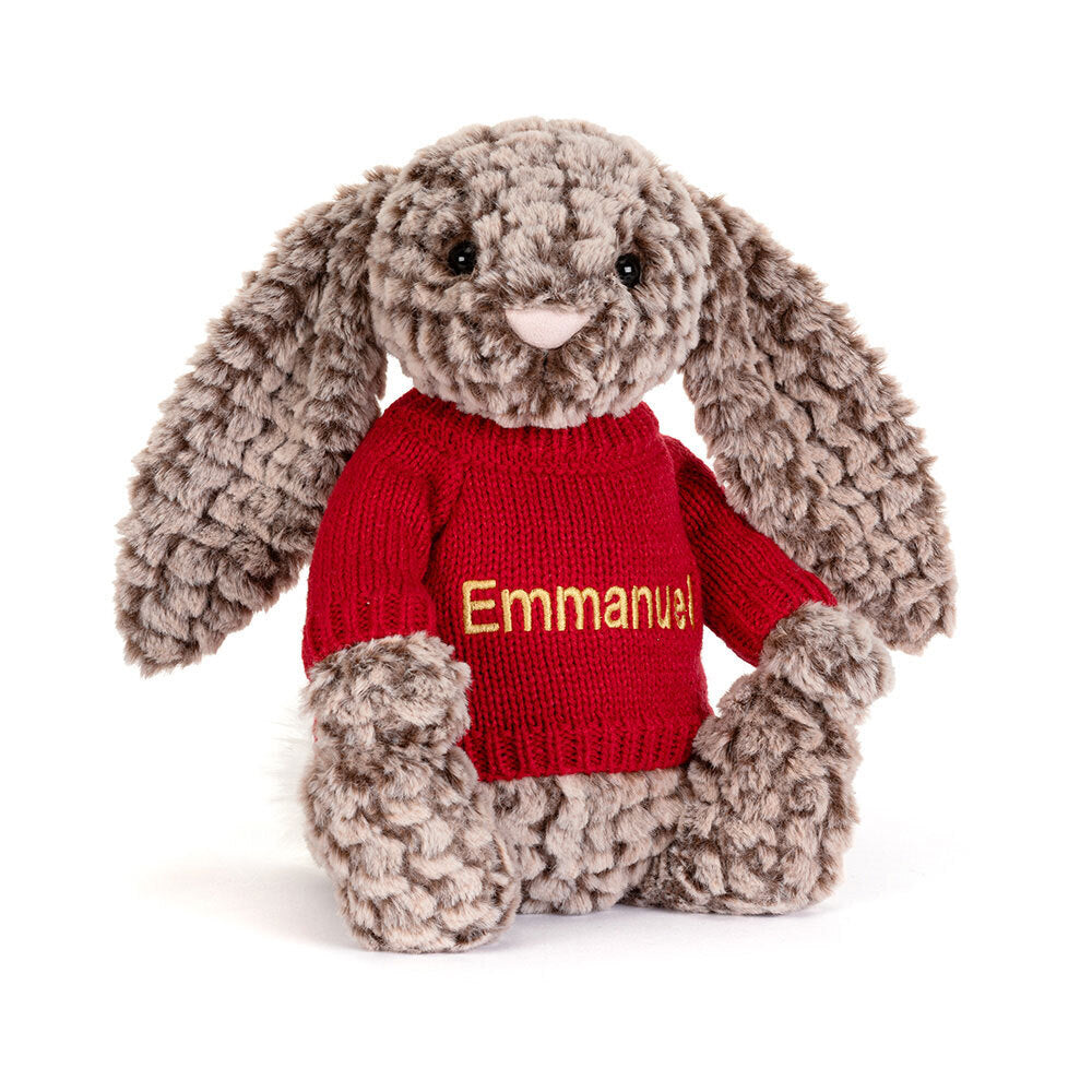 Bashful Luxe Bunny Pine with Personalized Red Jumper